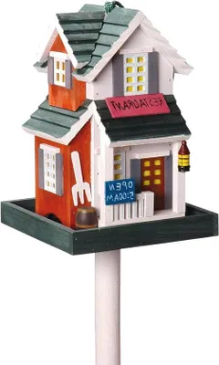 Produktbild von Vogelrestaurant - Vogelhaus mit klassischem Design - kleiner Holz-Vogel-Villa - Vogelernährungsstation mit Futterbehälter - 18 x 18 x 123 cm - Rot