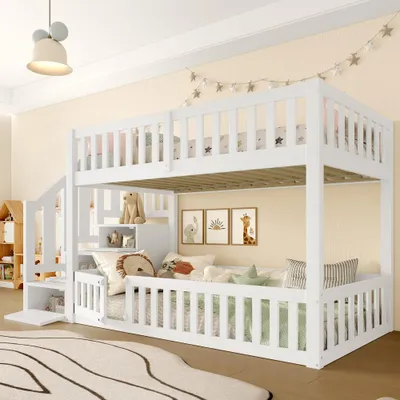 Produktbild von Etagenbett Hochbett mit Leiter & Stauraum, niedriges Kinderbett massiv, Schutzgitter, 90x200 cm, Weiß