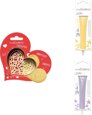 Produktbild von Herz Relief Kekspackung + 2 pastellgelbe und fliederfarbene Schokoladenstifte