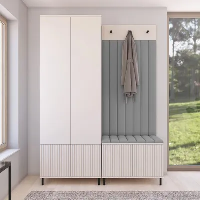 Produktbild von Garderoben-Set Ritmo Version 1 – gefräster Kleiderschrank mit hohen Füßen, gepolsterte Wandpaneele, Schuhschrank, für den Flur (cashmere, Trinity 14)