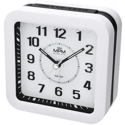 Obrázek produktu pro MPM-Quality – Analogový budík hranatý plastový, bílá, 9,5×9,5×4,5 cm
