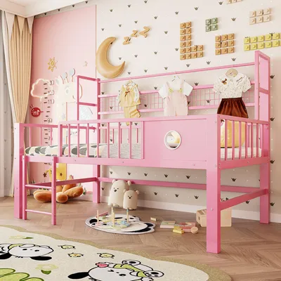 Produktbild von Merax Etagenbett Hochbett 90×200 cm mit Metallrahmen und Stauraum, Kinderbett mit Ablagefächer, Kleiderstange, Sicherheitsgitter, niedrig, Rosa