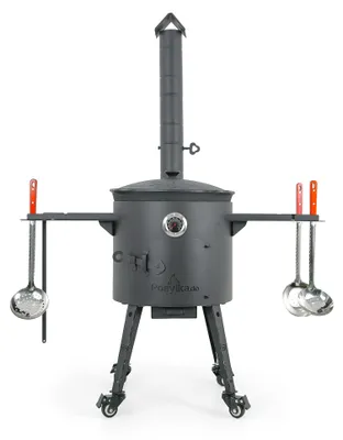 Produktbild von Utschak Feuerofen Ø 40 cm + Gusseisen-Kasan 12 L, runder Boden + Küchenzubehör, Usbekischer Kochtopf aus Gusseisen