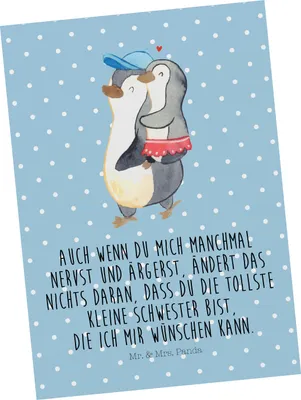 Produktbild von Mr. & Mrs. Panda Postkarte Pinguin Kleine Schwester - Blau Pastell - Geschenk, Ansichtskarte, Sister, Postkarten, kunstkarte, Ansichtskarten, Muttertag, Schwesterherz