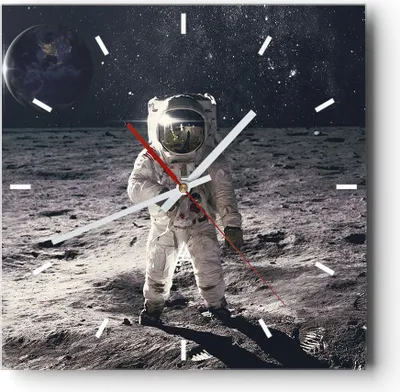 Produktbild von Wanduhr - Quadrat - Glasuhr - Mond Erde Astronaut - 30x30cm - Schleichendes Uhrwerk - Lautlos - zum Aufhängen bereit - Dekoration Modern - Wanddekoration aus Glas - C3AC30x30-4882