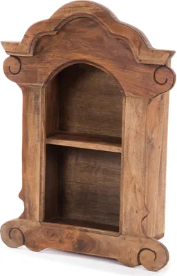 A wooden wall shelf with two compartments, displayed against a white background.