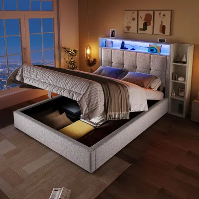 Produktbild von Multifunktionales Polsterbett mit USB-C, LED-Licht und App-Steuerung, ohne Matratze, mit Stauraum, aus Leinen, Beige, Größe 90x200 cm