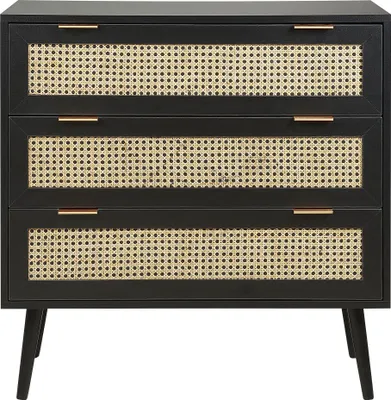 A black dresser with rattan drawer fronts and gold handles, shown against a white background.