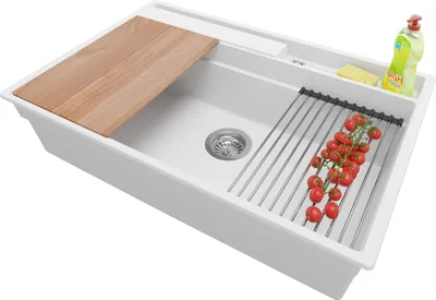 Produktbild von PRIMAGRAN Spülbecken Weiß 78x53cm, Granitspüle 1 Becken + Ablauf-Set + Küchenzubehörset, Küchenspüle ab 80er Unterschrank - Oslo Pocket