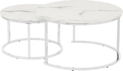 Produktbild von HOOZ Couchitsch 2er Set Rund, Beistelltisch Metall Wohnzimmer Chrom Marmor weiß