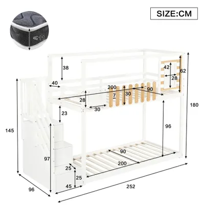 Image de Lit superposé pour enfants en bois massif/MDF, avec escalier et 3 espaces de rangement intégrés, barrière de sécurité, espace de rangement, couleur blanche/naturel, dimensions : 90 x 200 cm
