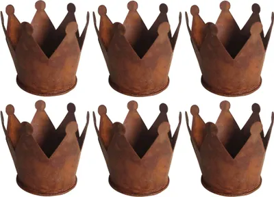 Six crown-shaped planters with a rusted metal finish are arranged in two rows of three against a white background.