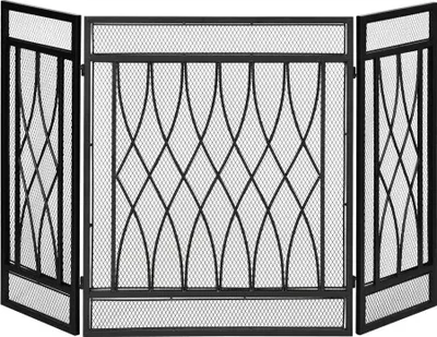 Image de Pare-étincelles pour cheminée - Pare-feu pliable en 3 parties - Grille métallique - Autoportant - 126 × 80 cm
