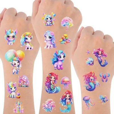 Produktbild von Temporäre Tattoos für Kinder – Set mit 24 Blättern mit Meerjungfrauen- und Einhorn-Tattoos für Mädchen – Wasserdichte, cartoonartige temporäre Tattoos – Partygeschenke – Spielzeug – Partyartikel