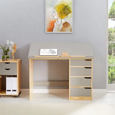 Produktbild von Kinderschreibtisch EMMA aus Kiefer Massivholz, natur/grau - Schreibtisch mit neigungsverstellbarer Tischplatte, schöner Jugendschreibtisch mit 4 Schubladen