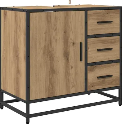 A product shot of a bathroom cabinet with a wood-grain finish and black metal frame.