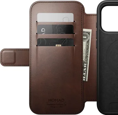 Image de Nomad Horween cuir folio iPhone 17 Pro Max – Boutons en aluminium recyclé – Accès direct à la caméra – Cuir de haute qualité tanné en Amérique - Marron