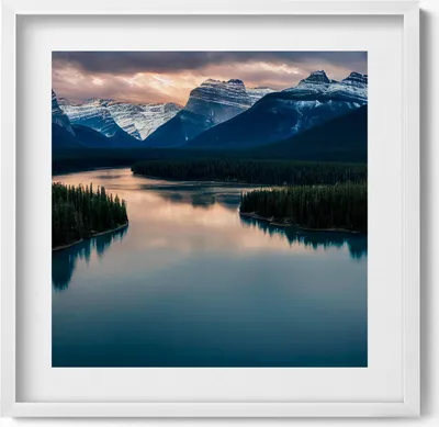 Produktbild von Flusslandschaft mit Wäldern und Bergen– Wandbild mit Rahmen – Gerahmtes Bild  – Wanddekoration – 50x50 cm –  Weiß Rahmen