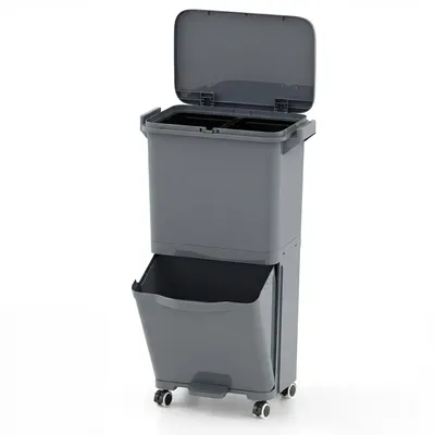 Produktbild von COSTWAY 36 L Mülltonne, Abfalleimer mit 2 Behältern, kippbarem Abteil & Müllklassifizierungs-Aufklebern, Abfalleimer auf Universalrädern, Mülleimer