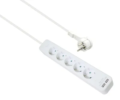 Produktbild von helos Steckdosenleiste ADVANCED, 5-fach, USB-Charger weiß, 1,5m, mit Schalter