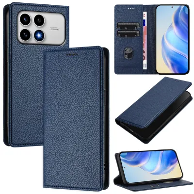 Image de Étui en cuir pour Xiaomi Poco F8 Pro/Redmi K90, en cuir de type "litchi", type portefeuille avec compartiments pour cartes et support intégré, couleur bleu