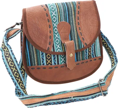 Produktbild von Ethno Schultertasche mit Leder, Große Nepaltasche - Braun/blau, Uni - Erwachsene, Mehrfarbig, Baumwolle, 23*24*10 cm, Alternative Umhängetasche, Handtasche aus Stoff
