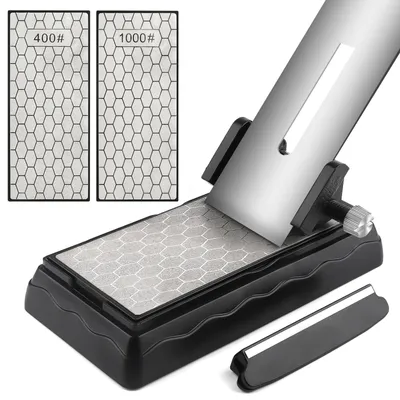 Zdjęcie produktu dla Omgoods - Kamień do ostrzenia diamentowy, dwustronny - Kamień do ostrzenia noży - Przewodnik do ostrzenia - Antypoślizgowa podstawa - Przewodnik kątowy - Ziarno: 400/1000