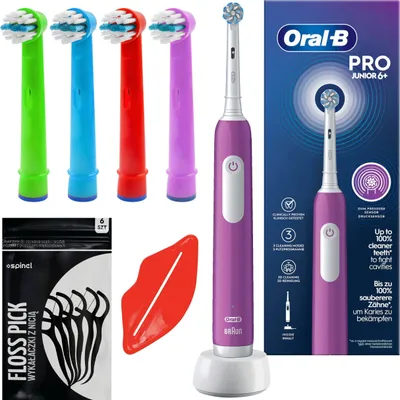 Produktbild von Oral-B Junior Pro Elektrische Zahnbürste Lila ab 6 Jahren 4 Aufsätze Timer