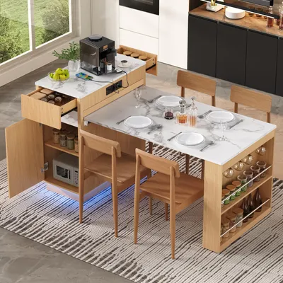 Image de Table extensible pour repas, avec plateau pliable, roulettes, table de salle à manger avec prises électriques et crochets, table de bar pour cuisine, salle à manger, style naturel