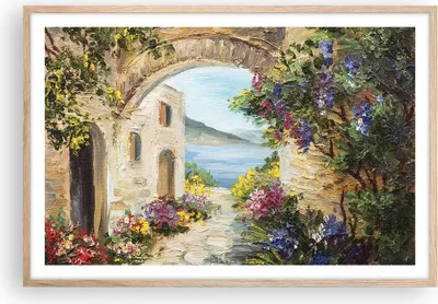 Produktbild von Gerahmtes Poster - Rahmen in heller Eiche - Haus Santorini Blumen - 91,5x61 cm - Wand Bild - Wanddeko - Wandbilder - Wandposter - Bilderrahmen - Bilder - Kunstdruck - Wandbild - P2NAA91x61-4191