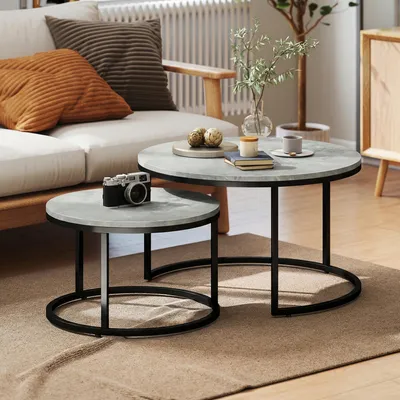 Produktbild von Couchtisch 2er Set stapelbar rund, Satztisch Kaffeetisch MDF & Metall, Grau | 78,5 x 78,5 x 46,5 cm | 13 kg | platzsparend