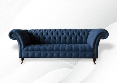 Zdjęcie produktu dla 3-osobowa sofa Chesterfield z tkaniny w kolorze niebieskim do salonu sofy tapicerowane