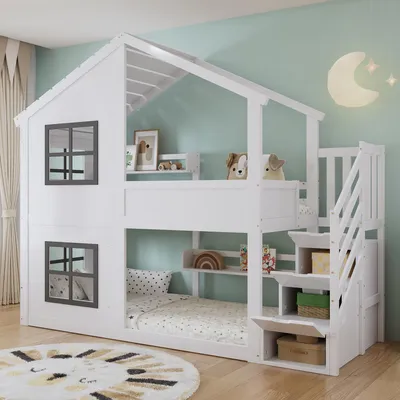 Produktbild von okwish Kinderbett,Hausbett 90x200 cm mit Treppen-Stauraumschrank,Etagenbett,Bettgestell mit Schöne Fenster und Dach,Holzbett mit Lattenrost,Weiß (mit Matratze)