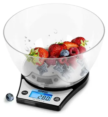 Produktbild von Duronic KS6000 BK Digitale Küchenwaage | Ultradünne Küchenwaage schwarz mit digitalen Display hintergrundbeleuchtet |1 g-5 kg Kapazität mit 2 L Schüssel |Tara Funktion | Hochpräzisions Sensoren