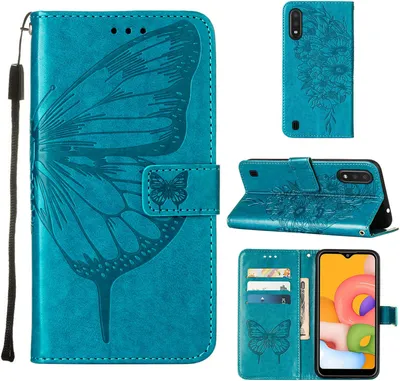 Produktbild von Galaxy A01 Hülle, Schmetterling Prägung Flip Leder Kartenfächer Schutzhülle Ledertasche mit Ständer für Samsung Galaxy A01 Blau