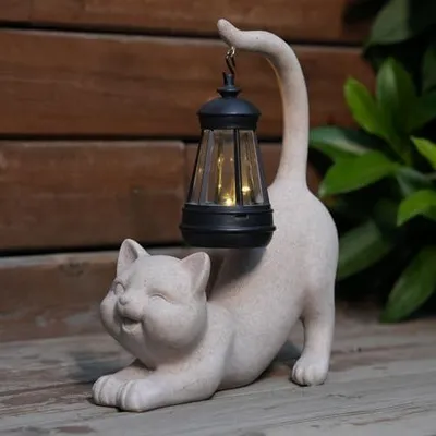 Produktbild von Katzenfigur aus Kunstharz mit Sonnenlaterne (Schwanz) – Außenlaternen und Innenfiguren als Dekoration für Garten, Hof, Veranda, Haus, Balkon)