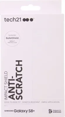 The image shows the packaging of a Tech21 Impact Shield Anti-Scratch screen protector for a Samsung Galaxy S8+.