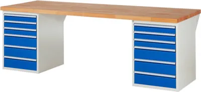 Produktbild von Werkbank mit 12 Schubladen - Teilauszug - 90:6 / 150:6 - 840 x 2.500 x 900 mm (HxBxT) - Traglast 1.000 kg - Buche