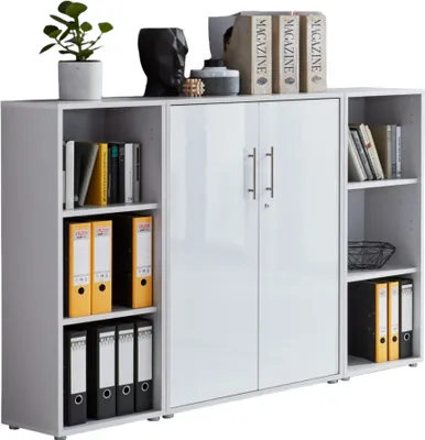 Produktbild von Aktenschrank TABOR 2 in lichtgrau / weiß Hochglanz, Schrankwand, Büroschrank, abschließbar, Metallgriffe
