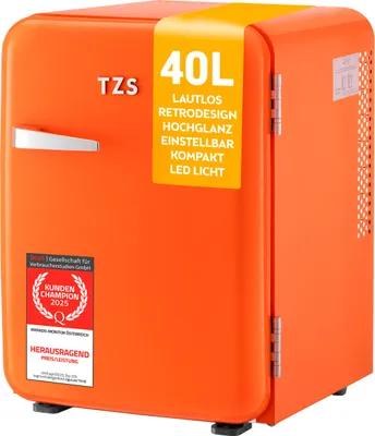 Produktbild von TZS First Austria - Retro Mini Kühlschrank 40L lautlos - Minibar im Vintage-Design mit Innenbeleuchtung & 2 Türfächern - Orange