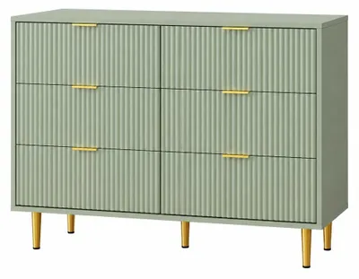 Immagine prodotto di Set di 2 comodini a 6 cassetti, dimensioni 100x40x75 cm, con frontali scanalati e motivo a onde, con gambe, colore verde oliva