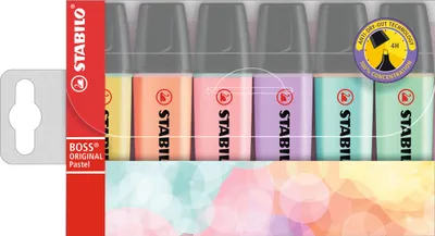 Produktbild von Textmarker - STABILO BOSS ORIGINAL Pastel - 6er Pack - pudriges Gelb, cremige Pfirsichfarbe, rosiges Rouge, Schimmer von Lila, Hauch von Minzgrün, zartes Türkis