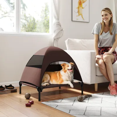 Produktbild von Hundeliege Outdoor mit Dach, Erhöhtes Hundebett mit Sonnenschutz, Texteline Stahl, Kaffee | 76 x 61 x 71 cm | bis 20 kg | tragbar