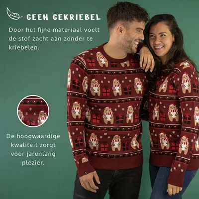 Zdjęcie produktu dla JAP Christmas Brzydki sweter świąteczny Miś z prezentem - 100% z recyklingu - Uni  damski i męski - Ciemnoczerwony - Rozmiar XL
