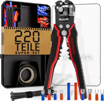 Produktbild von MONZANA® Abisolierzange 3in1 Set 220-teilig Zubehör Box 0,2-6mm² Stahl Automatisch Isolierband Kabelbinder Elektro Abisolierwerkzeug Crimpzange Kabel