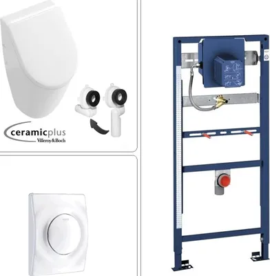 Produktbild von VILLEROY & BOCH SUBWAY Urinal mit CeramicPlus Beschichtung + SoftClose Deckel & GROHE Vorwandgestell + Betätigungsplatte, in weiß