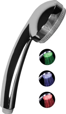 A chrome-finished LED shower head with three inset circular images showing water streams in green, blue, and red.