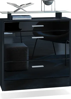 Produktbild von Vladon Schuhschrank Malea, hängender Schuhkipper für 16 Paar Schuhe mit 2 Klappen und 1 Schublade und Glasablage, Schwarz matt/Schwarz Hochglanz (89 x 96 x 23 cm)