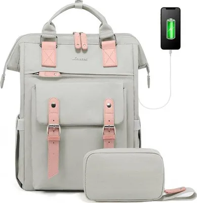 Produktbild von Unyqoos® Laptop-Rucksack für Damen – 15,6 Zoll Alltag & Business, 42×28,5×14 cm, gepolstertes Laptopfach (bis 39×27 cm), USB-Ladeanschluss, grau, wasserfestes Polyester, Trolley-Gurt