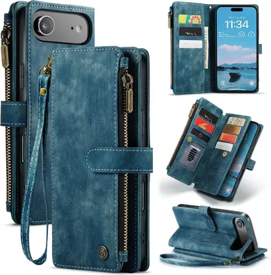 Image de Étui en cuir pour iPhone Air, étui en cuirPolyuréthaneà fermeture éclair, fermeture magnétique, pochette pour cartes, support, étui-portefeuille bleu